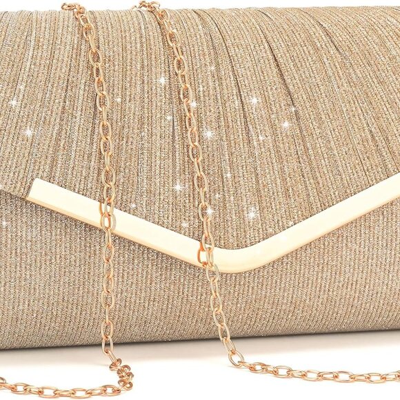 Champagne Glittering Envelope Style Evening Clutch with Detachable Chain for Wed - Picture 1 of 6